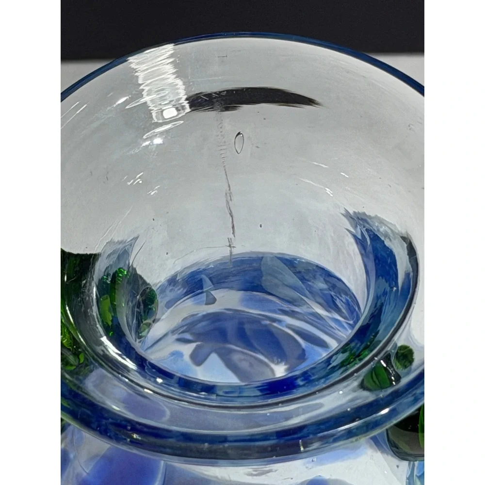 Pier 1 Imports Blue white Swirl Hand Blown Glass Vase with Green Handles